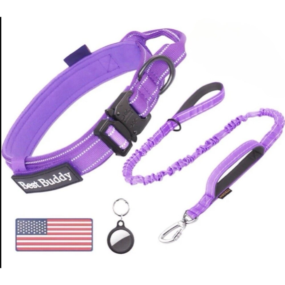 Tactical Military Dog Training Collar W/Leash Metal Buckle Heavy Duty Purple LRG
